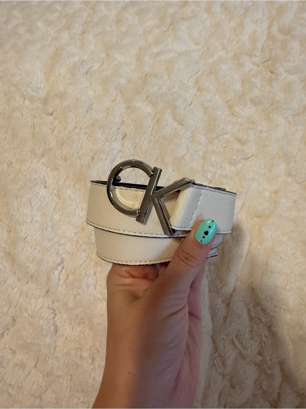 Calvin Klein White Leather Belt with Silver CK Buckle